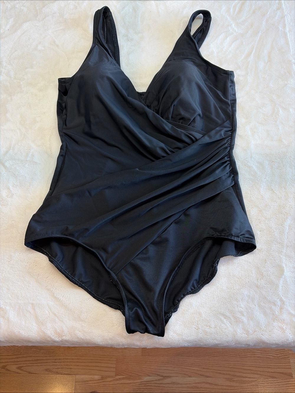 MiracleSuit Swimsuit Sz 16 Black Ruched Wrap One Piece Slimming